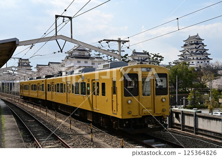 Fukuyama Castle and Yoshino cherry blossoms as seen from the platform at Fukuyama Station Fukuyama Castle and Yoshino cherry blossoms as seen from the platform at Fukuyama Station 125364826