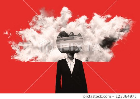 Surreal woman with suit portrait in red with cloud background Surreal woman with suit portrait in red with cloud background 125364975