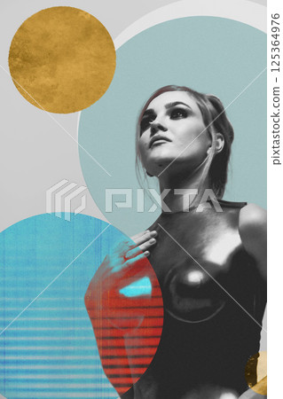Beautiful woman with shining corset portrait collage in round geometric shapes background Beautiful woman with shining corset portrait collage in round geometric shapes background 125364976
