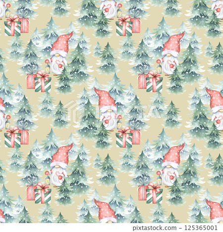 Christmas seamless pattern with gnome with lantern, spruces snow-covered and gift boxes bow tied. Watercolor illustration on beige background for New Year festive packaging, textile and fabric print. 125365001