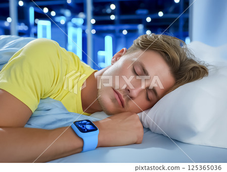 睡眠科技:一名男子睡覺時身邊有一個記錄他睡眠的設備。 睡眠科技:一名男子睡覺時身邊有一個記錄他睡眠的設備。 125365036
