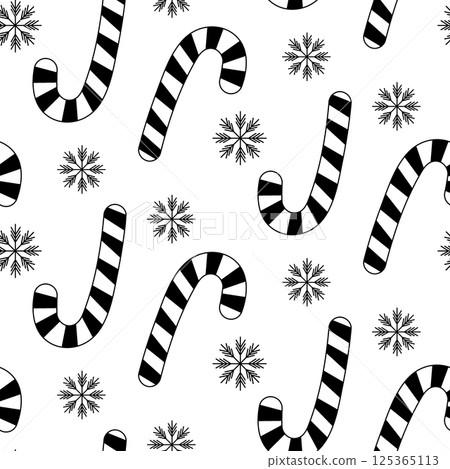 Striped Candy Cane and Snowflakes Seamless Pattern Christmas or New Year Greeting Ink Background Idea 125365113