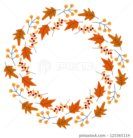 Freehand Autumn twigs Berry sprigs Oak and Maple Leaves Circle Frame border Copy space Template idea 125365114