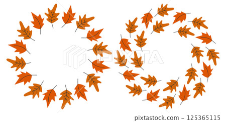 Hand drawn Oak and Maple leaves Circle Frame border Trendy Fall shades Copy space Template idea Set 125365115
