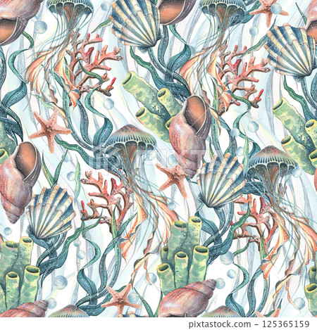 Jellyfish, seashells, seaweed, starfish, corals, sea sponges and pebbles, bubbles. Marine, nautical watercolor illustration of the underwater world hand drawn. Seamless pattern wave ornament Jellyfish, seashells, seaweed, starfish, corals, sea sponges and pebbles, bubbles. Marine, nautical watercolor illustration of the underwater world hand drawn. Seamless pattern wave ornament 125365159