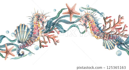 Seahorse seashells, seaweed, starfish, corals, sea sponges and pebbles, bubbles. Marine, nautical watercolor illustration of the underwater world hand drawn. Seamless pattern horizontal wave border Seahorse seashells, seaweed, starfish, corals, sea sponges and pebbles, bubbles. Marine, nautical watercolor illustration of the underwater world hand drawn. Seamless pattern horizontal wave border 125365163