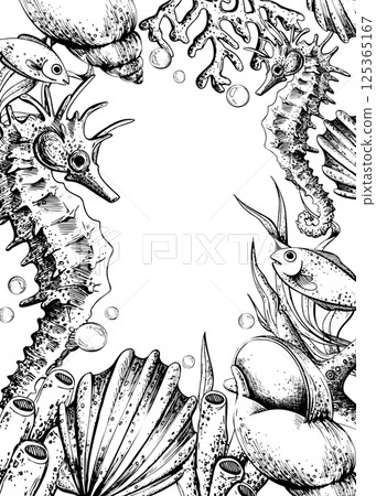 Seahorse, corals, sea sponges, seaweed, shells, starfish and bubbles. Hand drawn graphic illustration in black and white color line art. Frame template vertical for text on marine theme 125365167