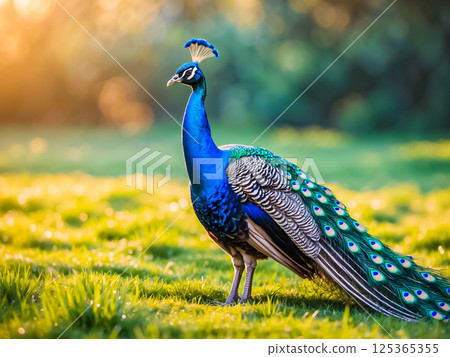An adult colorful Peacock standing in the green grass field. 125365355