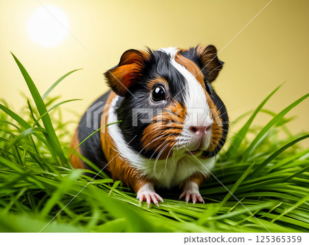 Closeup portrait of colorful Guinea Pig standing on green grass. 125365359