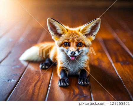 Brown furry Fennec Fox or Desert Fox crouching on the wooden floor in a house. 125365361