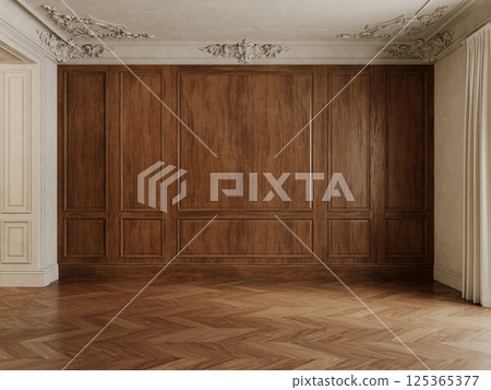 Classic empty interior with wood panels and parquet. 3d render illustration mockup. 125365377