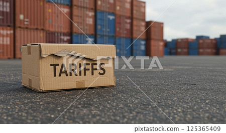 A row of shipping containers lined up along industrial tracks, with one container prominently displaying the word "Tariffs" in bold letters; blurred harbor cranes loom in the background 125365409