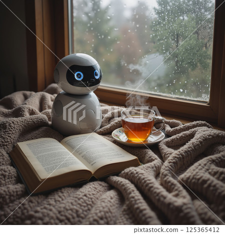 Robot on Blanket with Book and Tea Cup 125365412