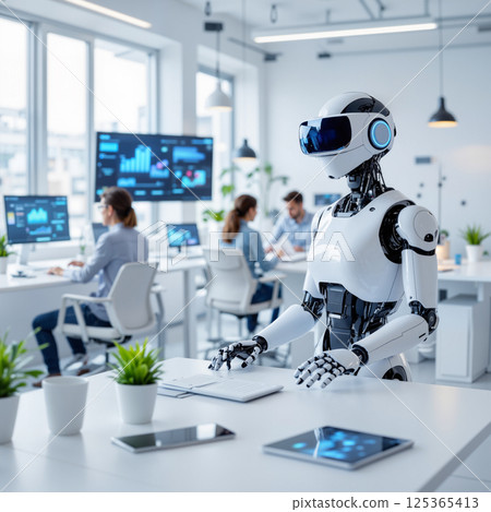 Humanoid Robot Using VR Headset in Modern Office 125365413