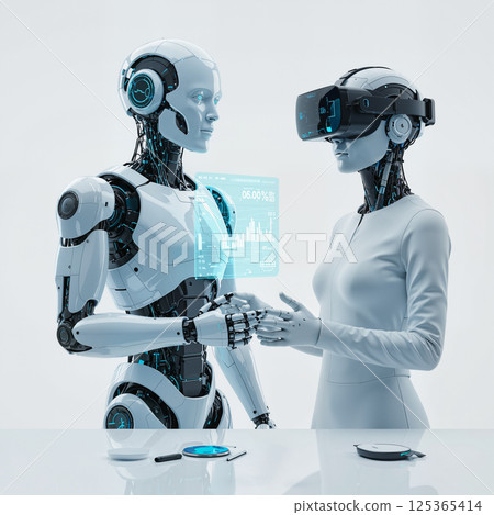 Humanoid Robots Analyzing Data in Futuristic High Tech Lab 125365414