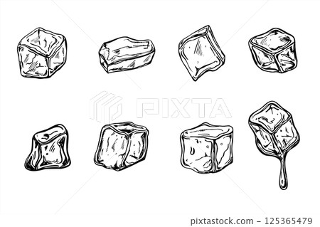 Monochrome vector ice cubes set illustration painted by black inks. Etching drawing of frozen juice or water cube with drops for beverage branding, cocktail menus, food blogs, summer promotion Monochrome vector ice cubes set illustration painted by black inks. Etching drawing of frozen juice or water cube with drops for beverage branding, cocktail menus, food blogs, summer promotion 125365479