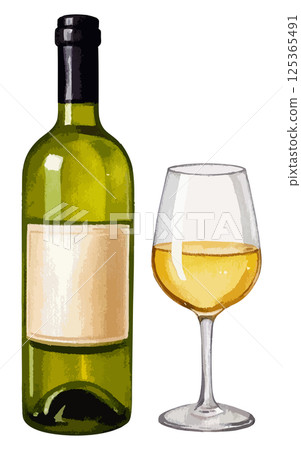 AI 生成的一瓶和一杯白葡萄酒的水彩插圖 AI 生成的一瓶和一杯白葡萄酒的水彩插圖 125365491