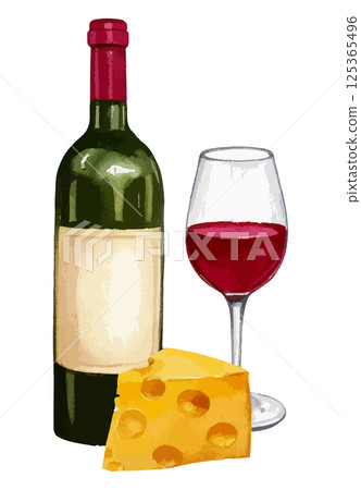 Watercolor illustration of a bottle of red wine, a glass and cheese AI generation Watercolor illustration of a bottle of red wine, a glass and cheese AI generation 125365496