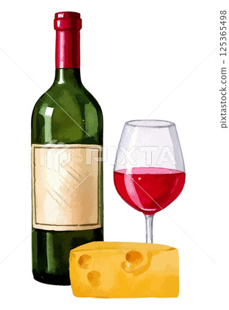 Watercolor illustration of a bottle of red wine, a glass and cheese AI generation 125365498