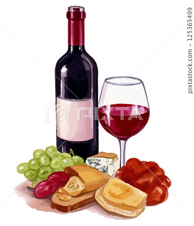 Watercolor illustration of a bottle of red wine, a glass and snacks - AI generation 125365499