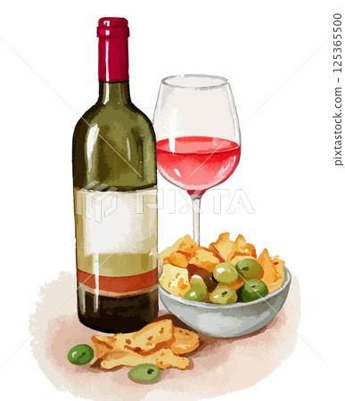 Watercolor illustration of a bottle of red wine, a glass and snacks - AI generation 125365500