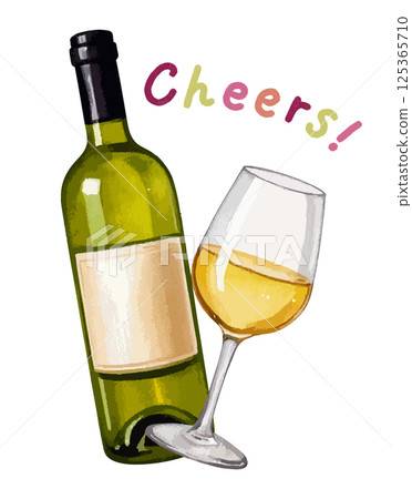 帶有手寫文字的酒瓶和酒杯的水彩插圖設定了AI生成 125365710