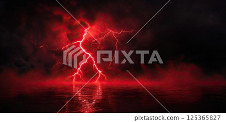 Red Lightning Strike in a Smoky Dark Chamber Photorealistic Digital Render 125365827