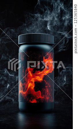 Pre-workout supplement container with fiery liquid flame label and smoke on dark background 125365840