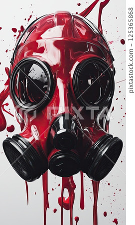 Glossy Red Gas Mask Splattered with Liquid Conceptual High-Detail Illustration 125365868