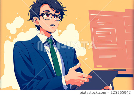 [AI 生成的圖像] 一位戴眼鏡的男子正在進行漫畫風格的演講 125365942