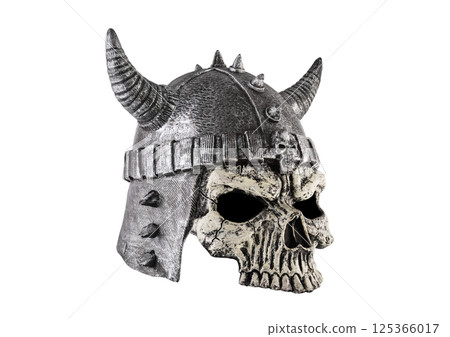 Human skull with horned helmet isolated on white background with clipping path 125366017