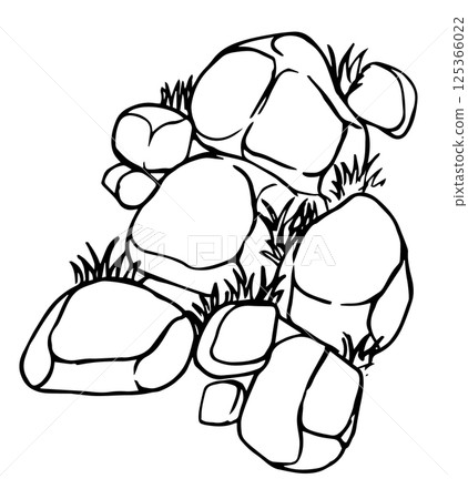 Top view stone pavement with grass, hand drawn. architectural ink drawing, vector.	 125366022