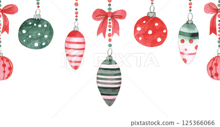Watercolor illustration, seamless border of cute Christmas bows and tree toys. 125366066