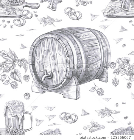 Seamless pattern with a barrel, a glass of beer and snacks. Pencil illustration on a white background for the design of bars, menus, wrapping paper, printing on fabric and posters. 125366067