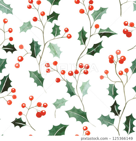 Watercolor simple illustration. Seamless pattern of Christmas holly branches 125366149
