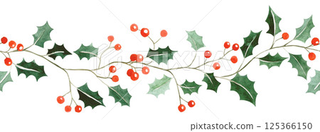 Watercolor illustration. Seamless border of Christmas holly branches 125366150