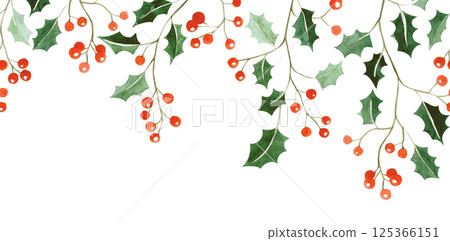 Watercolor illustration. Seamless border of Christmas holly branches 125366151