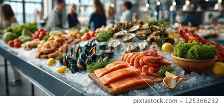 Assorted seafood display with salmon, shellfish, and fresh produce on ice at a market stall 125366232