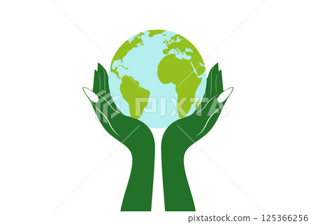 World Earth Day Concept. Illustration of Hands Embracing a Globe. Protect your planet, Green Energy, ESG, Renewable and Sustainable Resources, Environmental Care. Vector isolated on white background 125366256