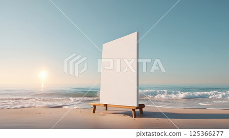 An empty frame standing on the sandy beach with the ocean waves gently crashing in the background under a clear sky. Concept of a surreal beach scene and open space for creativity 125366277