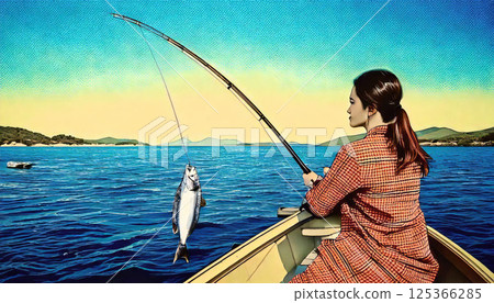 A woman enjoying fishing on the deck of a boat 125366285