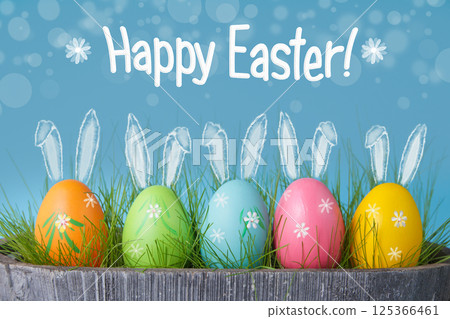 Happy Easter. Easter holiday concept with cute eggs bunny Happy Easter. Easter holiday concept with cute eggs bunny 125366461