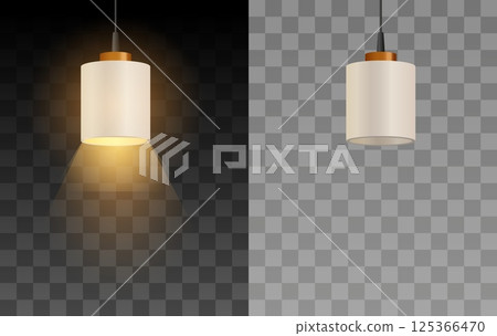Ceiling lamp with white lampshade switch on, off, realistic hanging chandelier with light bulb vector illustration set Ceiling lamp with white lampshade switch on, off, realistic hanging chandelier with light bulb vector illustration set 125366470