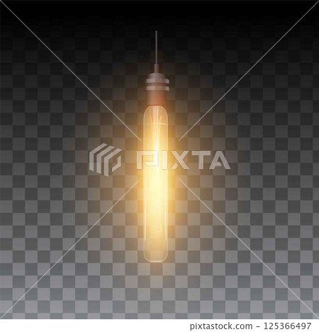 Light bulb warm light glowing, ceiling lamp switch on, vector realistic hanging illumination oblong cylindrical shape Light bulb warm light glowing, ceiling lamp switch on, vector realistic hanging illumination oblong cylindrical shape 125366497