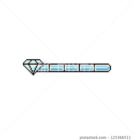 Full blue line progress bar game menu with diamond pixel art, vector retro 8 bit gems level scale of treasure and wealth 125366511