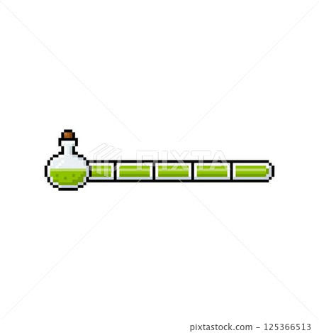 Full green line progress bar game menu vial pixel art, vector retro 8 bit level scale of energy, power, magical ability 125366513