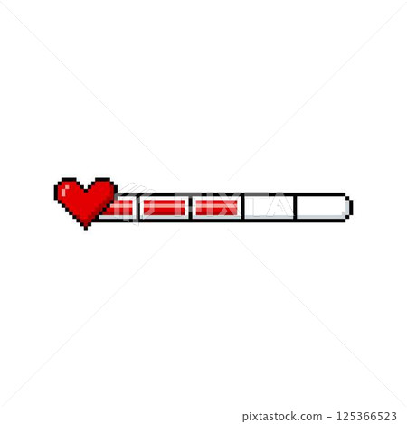 Red line progress bar divided into parts game menu heart pixel art, vector retro 8 bit life, energy, health level scale Red line progress bar divided into parts game menu heart pixel art, vector retro 8 bit life, energy, health level scale 125366523
