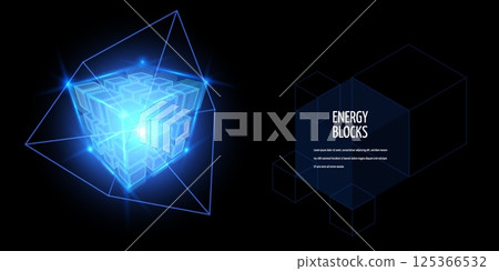 Energy blocks vector banner design, big data neon cube high tech technology, Artificial Intelligence HUD energy box glow 125366532