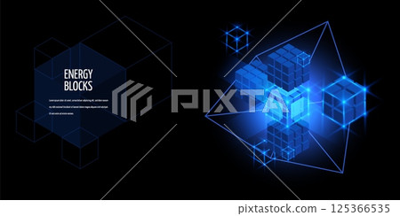 Energy blocks vector banner, neon blue cube high tech virtual technology, computer engineer network, energy boxes glow Energy blocks vector banner, neon blue cube high tech virtual technology, computer engineer network, energy boxes glow 125366535
