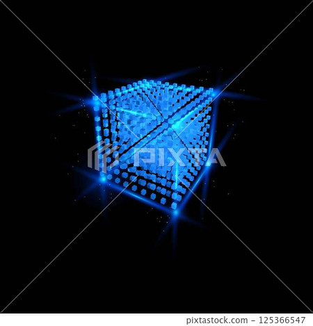 Energy blocks vector design, shining blue neon cube from square grid, high tech technology, digital cyber matrix box Energy blocks vector design, shining blue neon cube from square grid, high tech technology, digital cyber matrix box 125366547